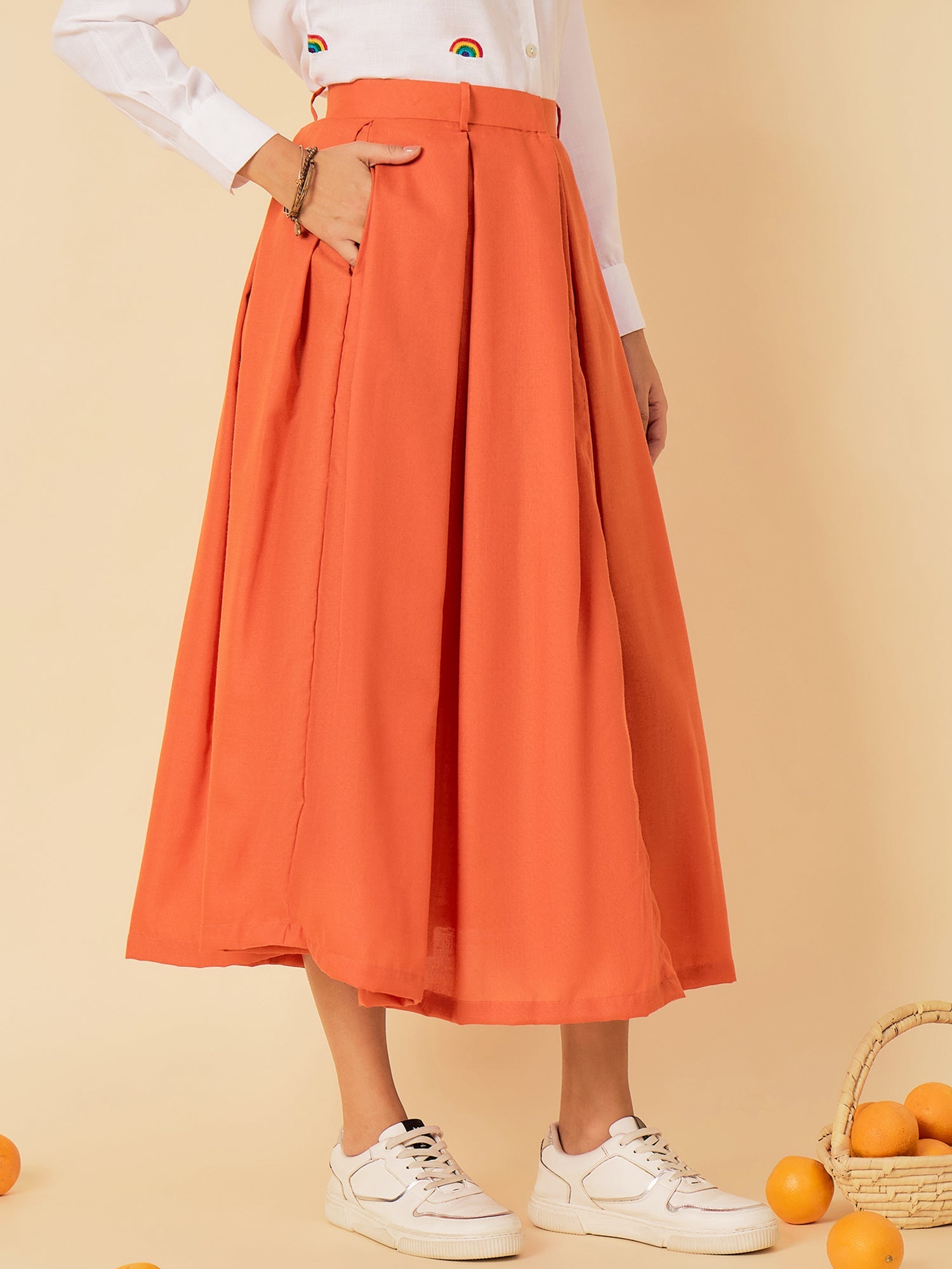 Box Pleated Midi Linen Skirt