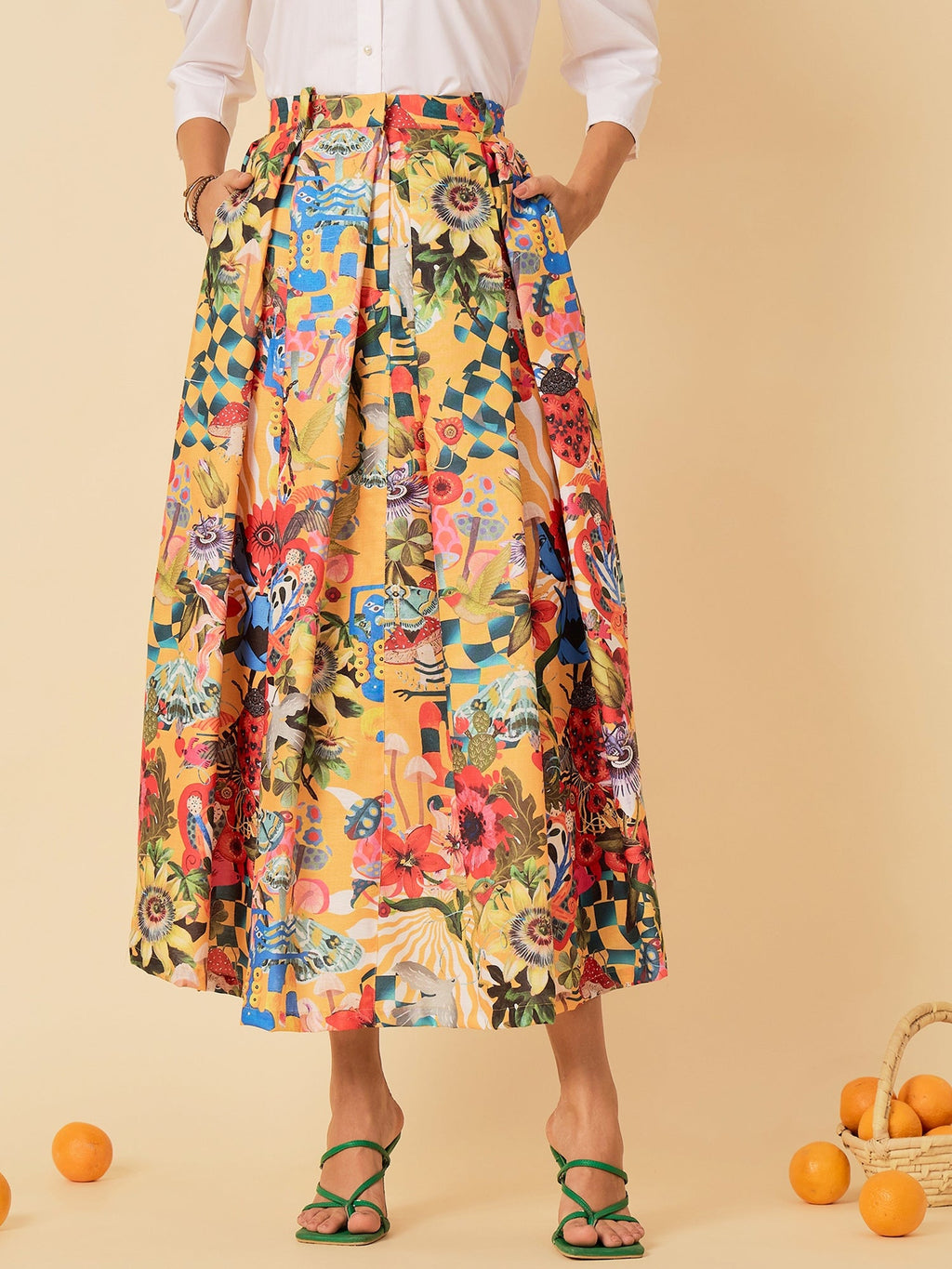 Box Pleated Midi Linen Skirt