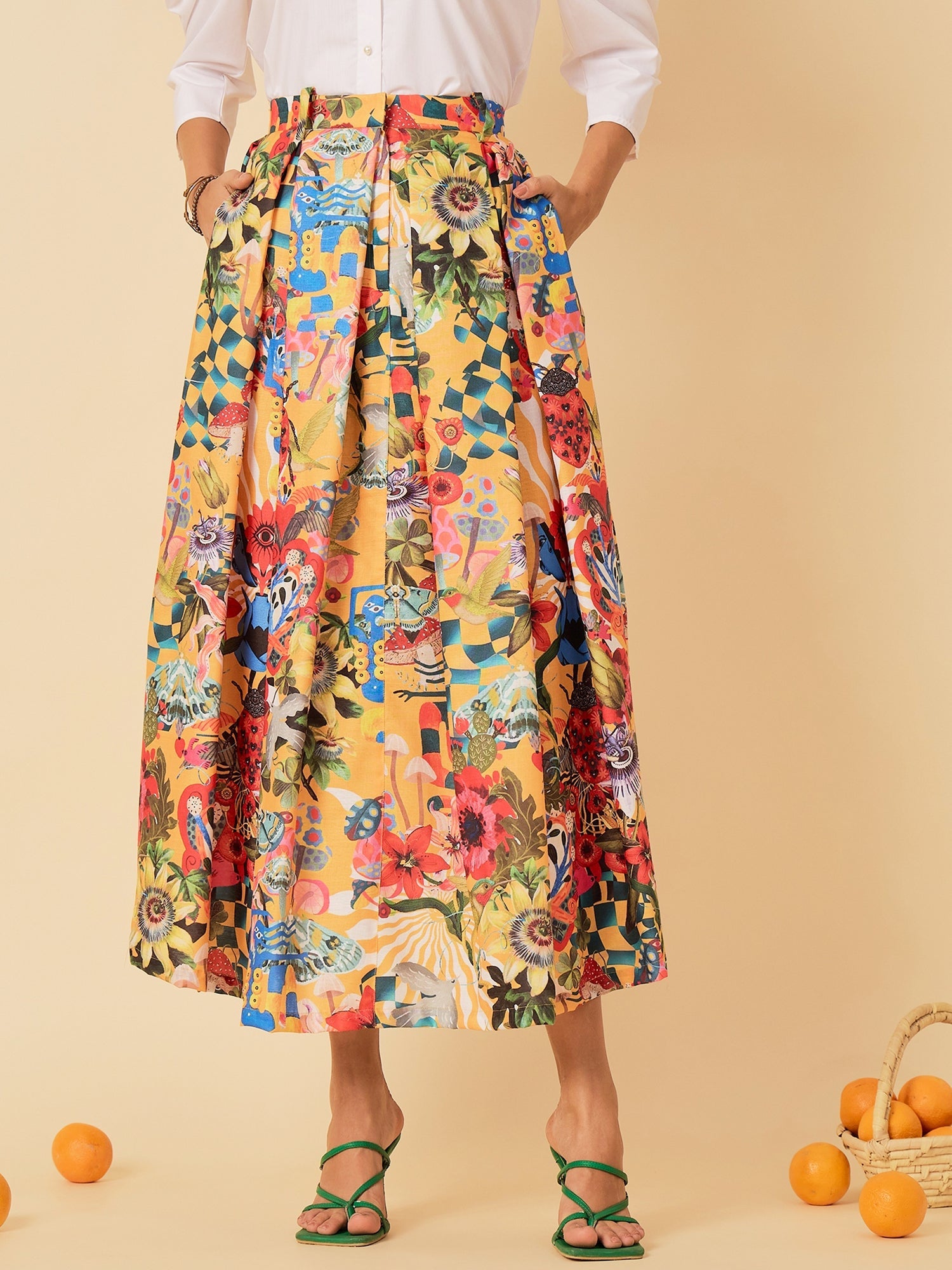 Box Pleated Midi Linen Skirt