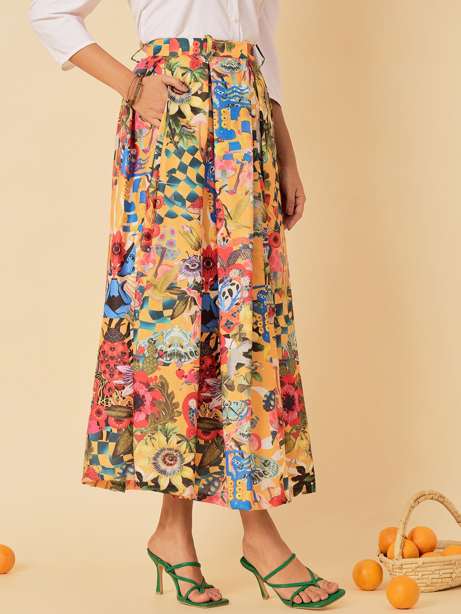 Box Pleated Midi Linen Skirt