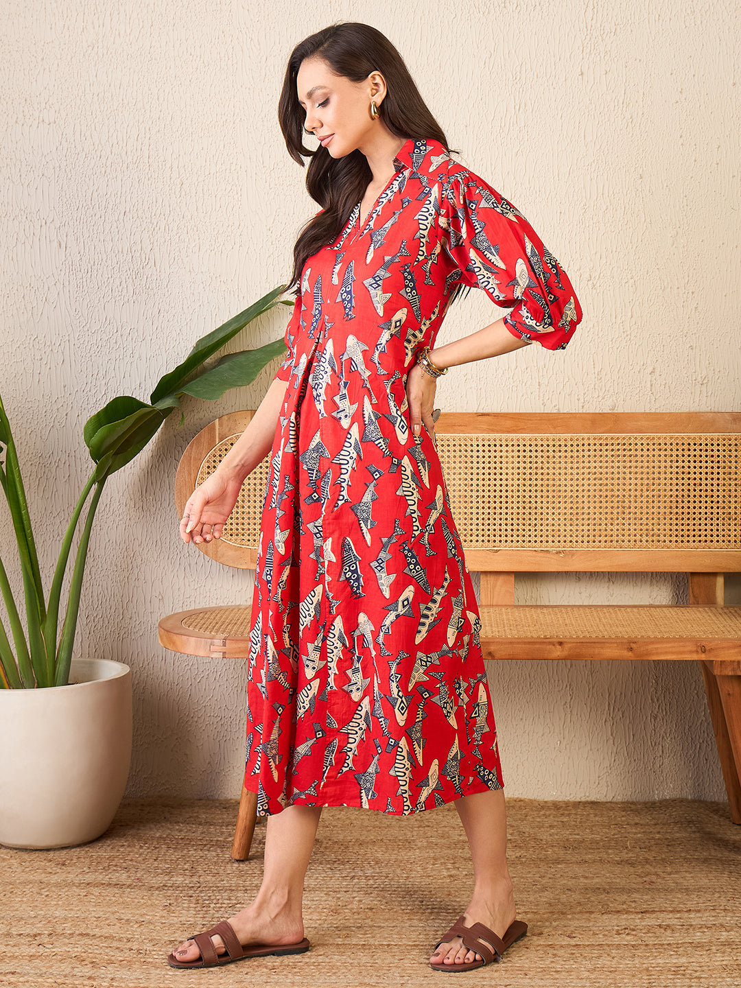 Front Pleated Cotton Midi Dress