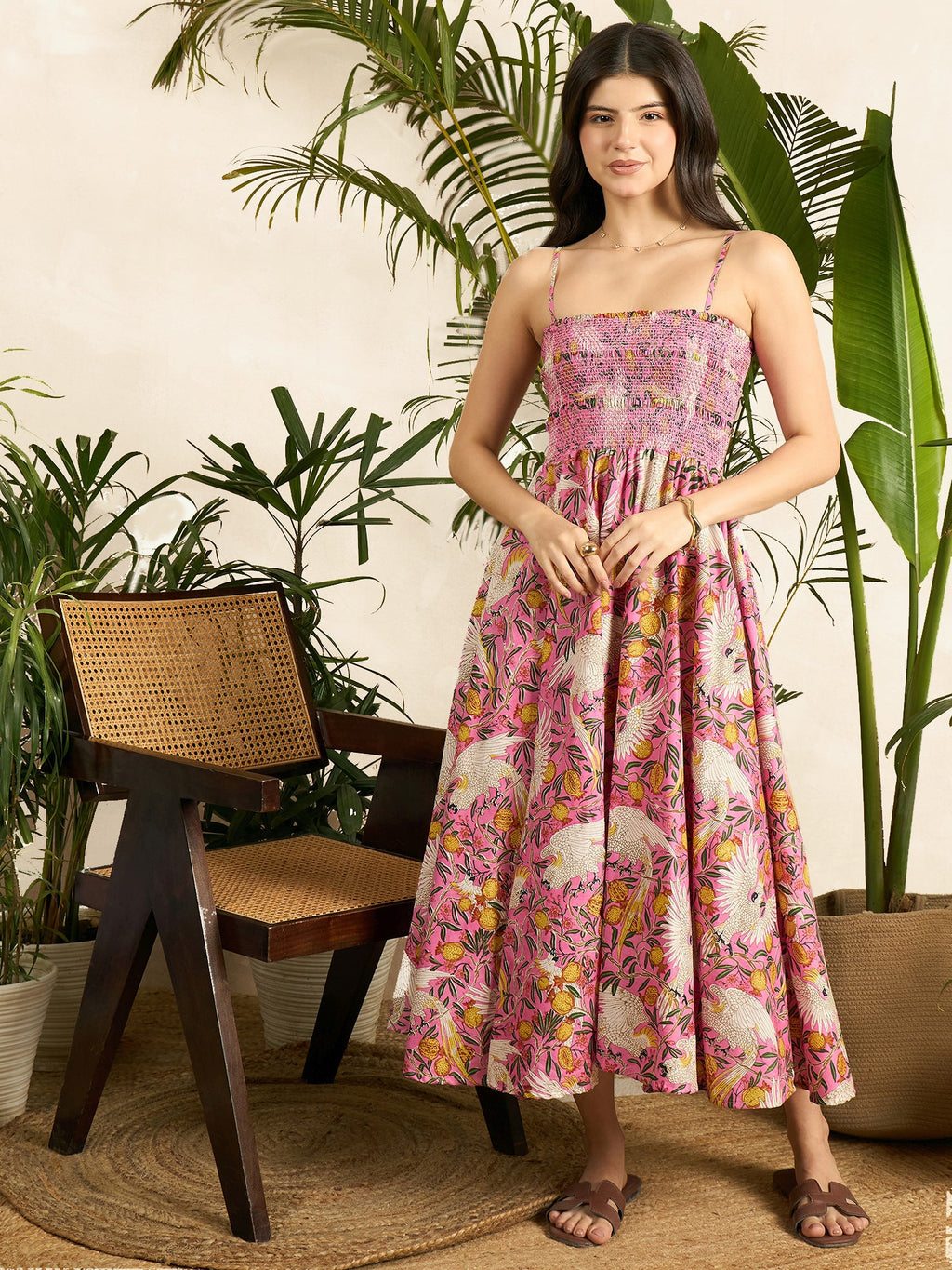 Smocked Strappy Cotton Midi Dress