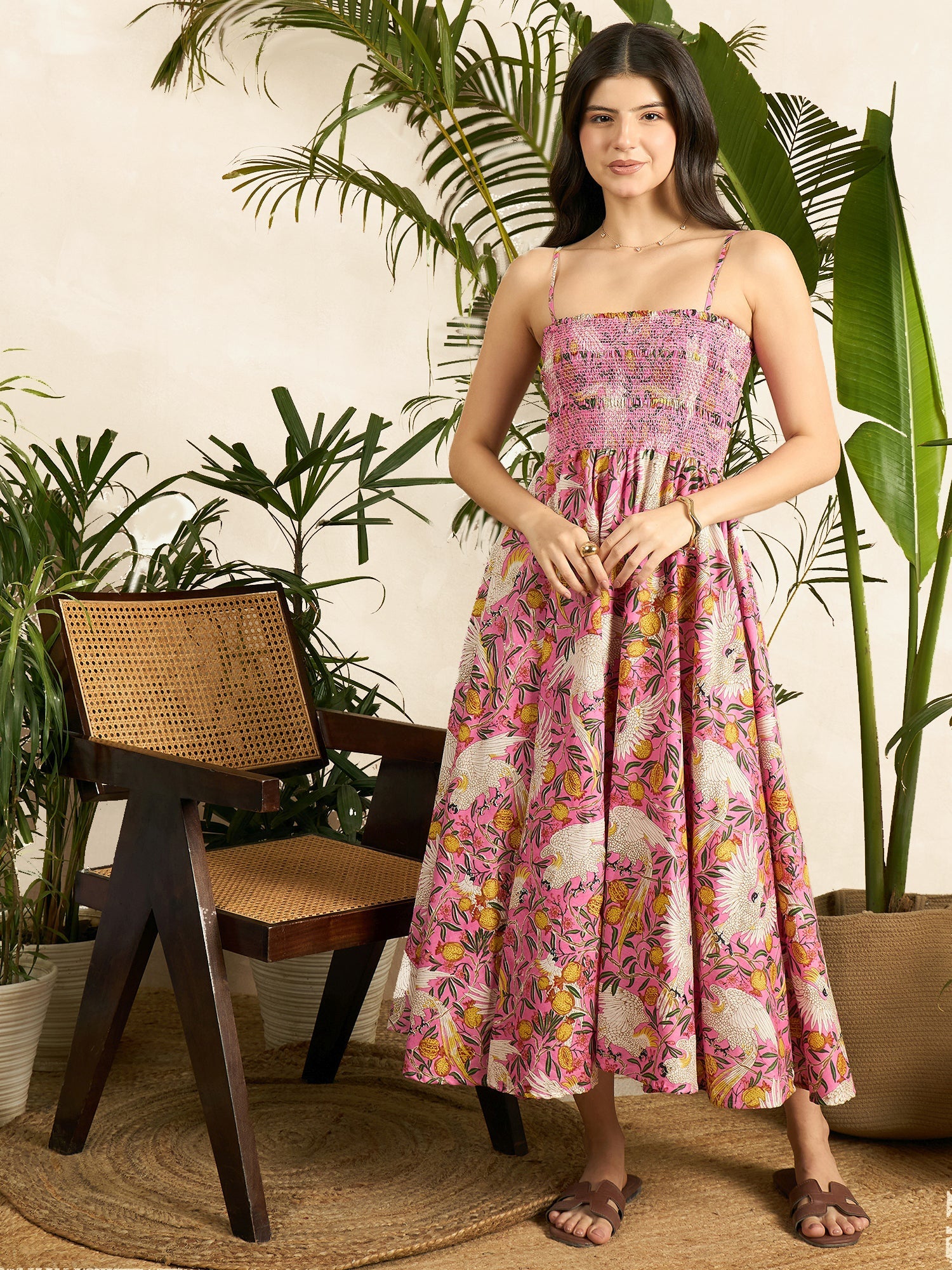 Smocked Strappy Cotton Midi Dress