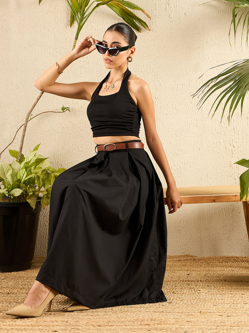 Box Pleated Midi Linen Skirt
