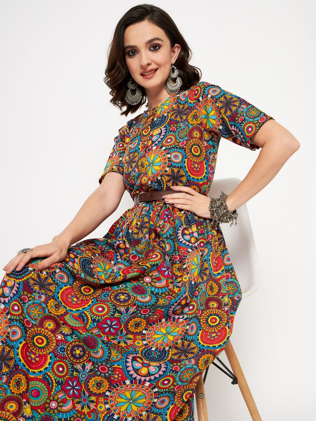Printed Maxi Dress with Belt - Uptownie