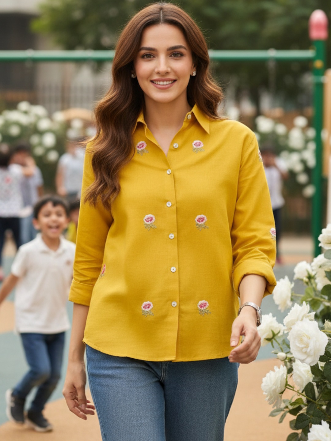 All Over Embroidered Linen Shirt - Uptownie