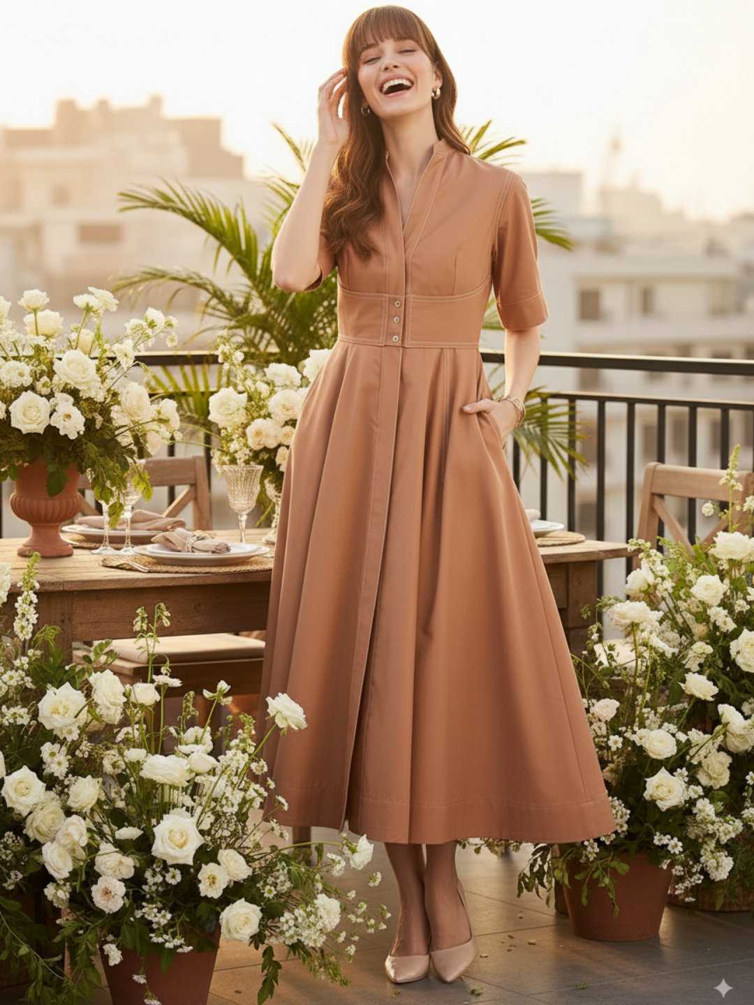 Corset Panelled Midi Cotton Dress - Uptownie