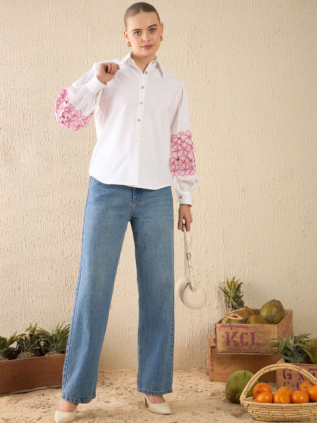 Cotton Embroidered Shirt With Balloon Sleeves