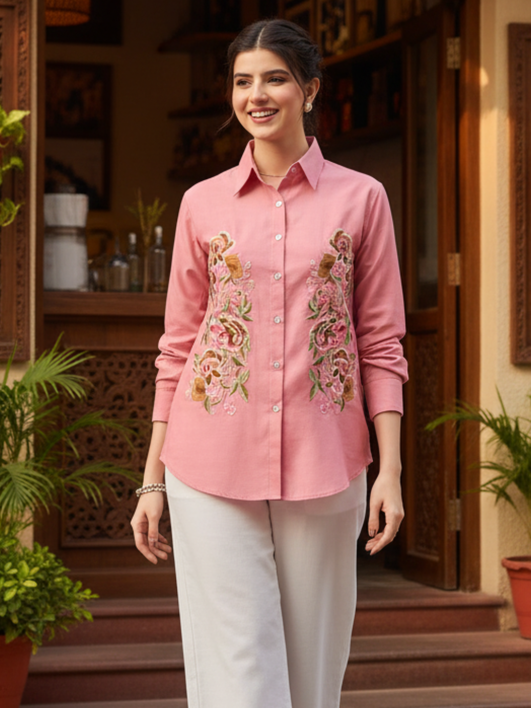 Floral Embroidered Linen Shirt - Uptownie