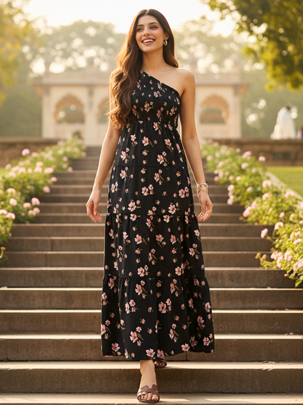 One Shoulder Smocked Maxi Dress - Uptownie