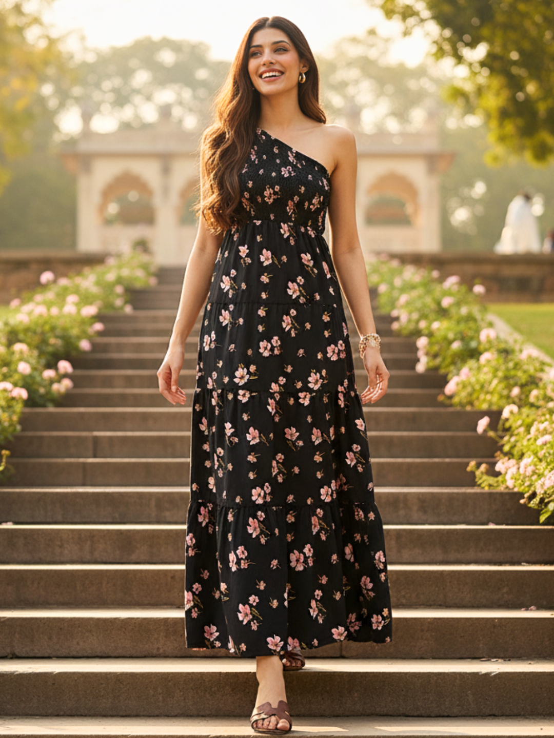 One Shoulder Smocked Maxi Dress - Uptownie