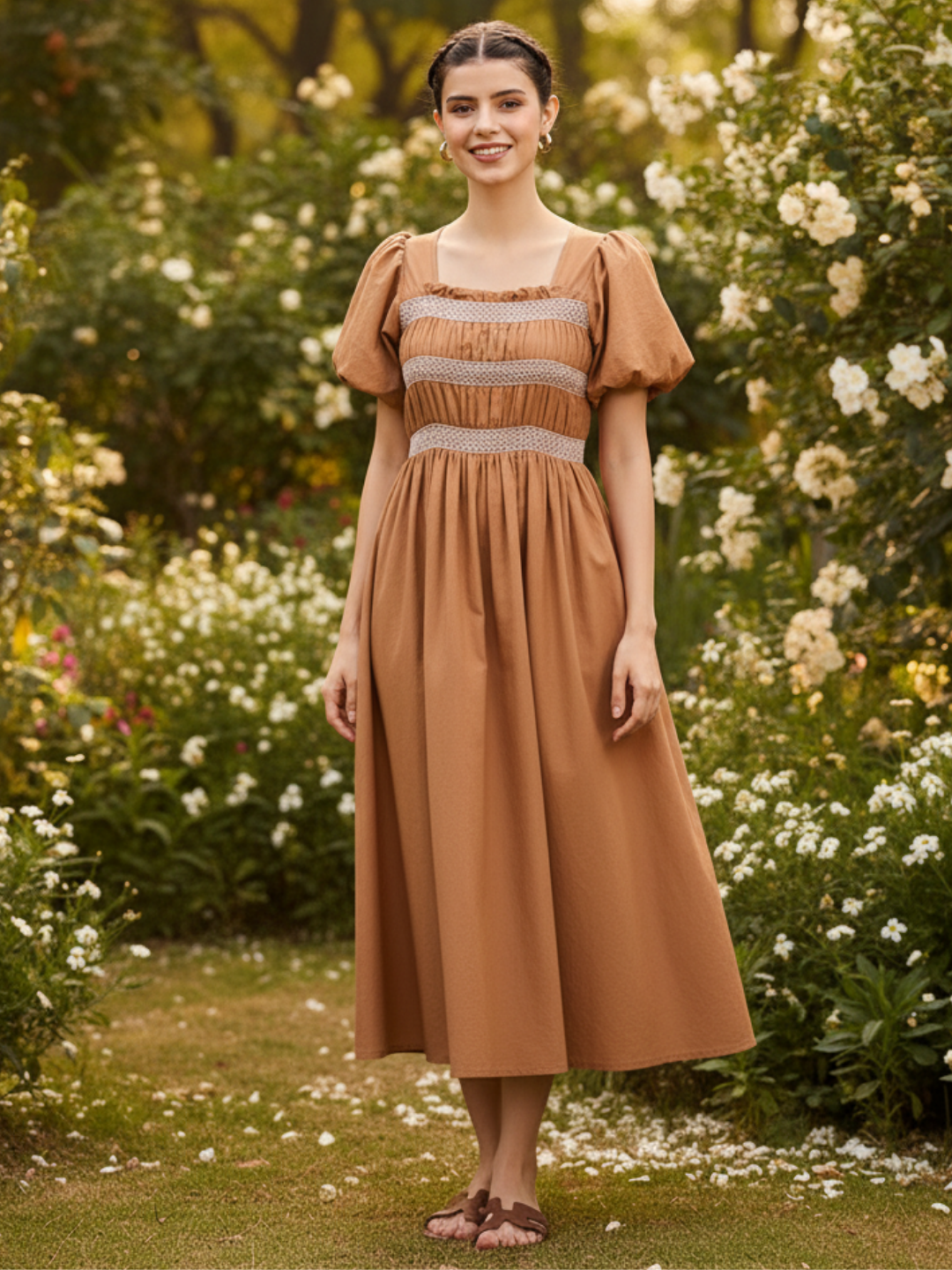 Puff Sleeve Smocked Cotton Midi Dress - Uptownie