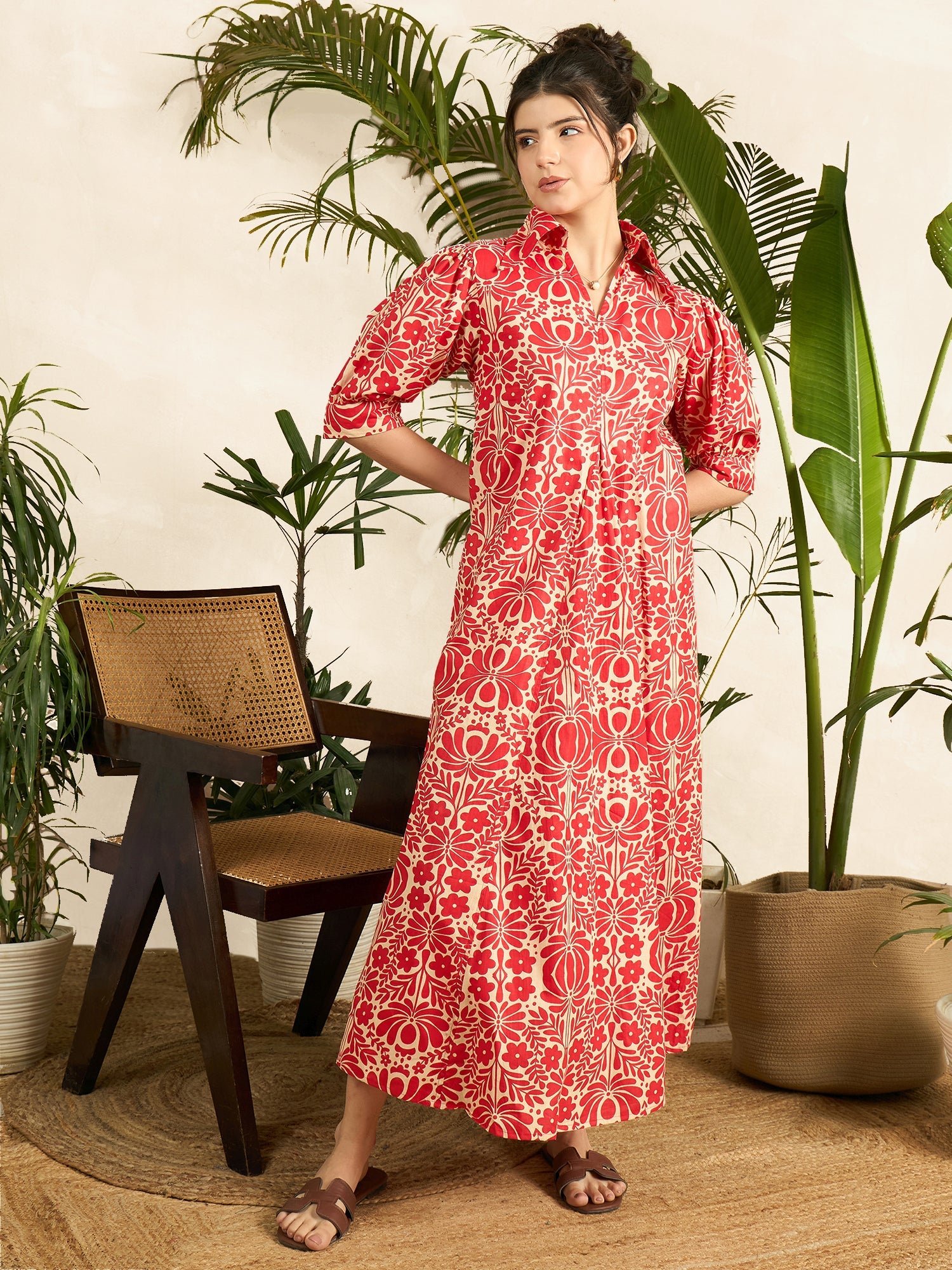 Front Pleated Cotton Midi Dress