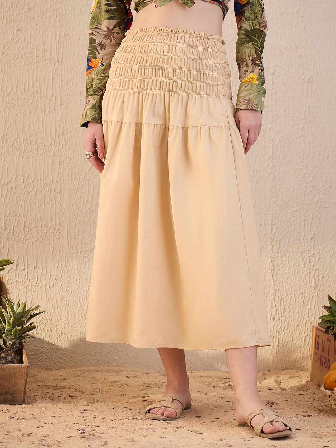 Smocked High-waist Cotton Midi Skirt