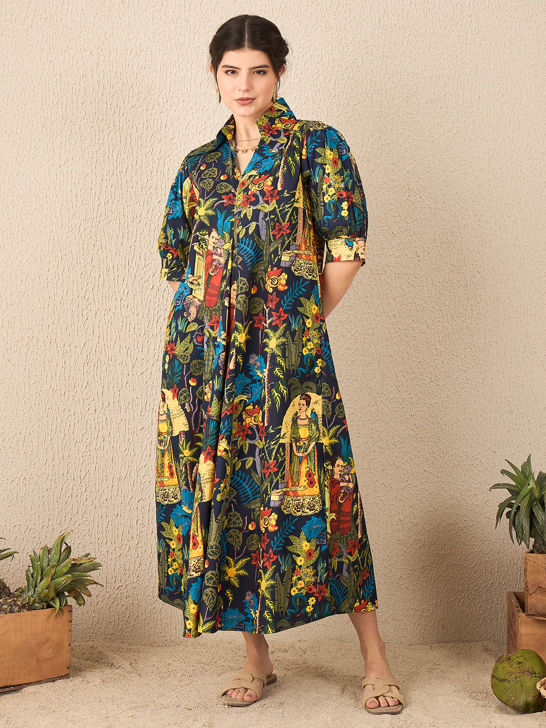 Front Pleated Cotton Midi Dress