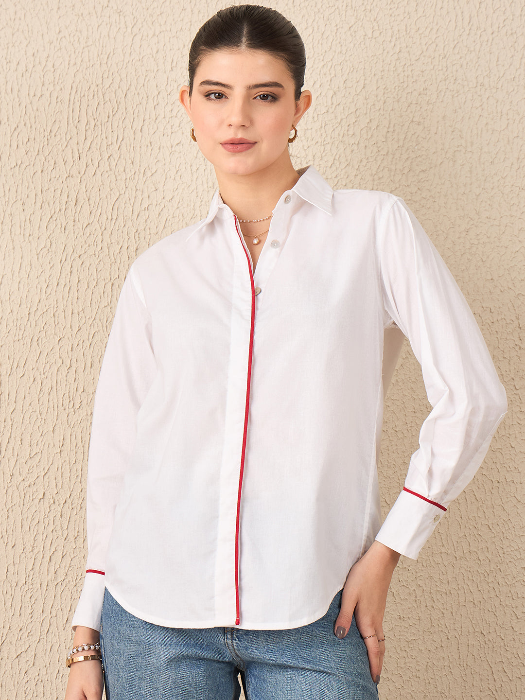 Square Grid Floral Embroidered Cotton Shirt