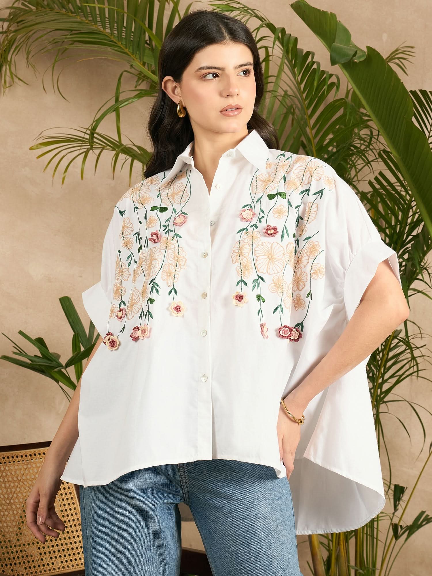 Cotton Anti-fit Crochet Floral Shirt