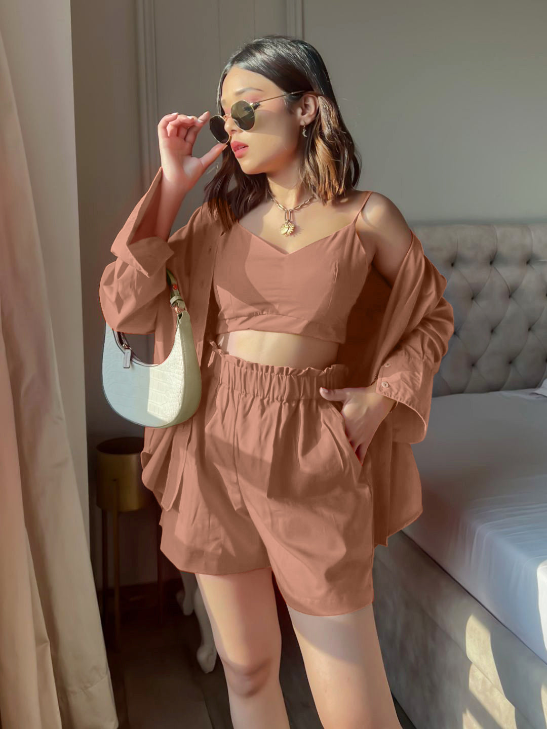 Cotton Three Piece Shorts, Shirt  and Crop Top Set - Uptownie