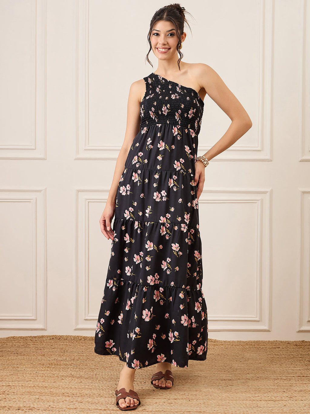 One Shoulder Smocked Maxi Dress