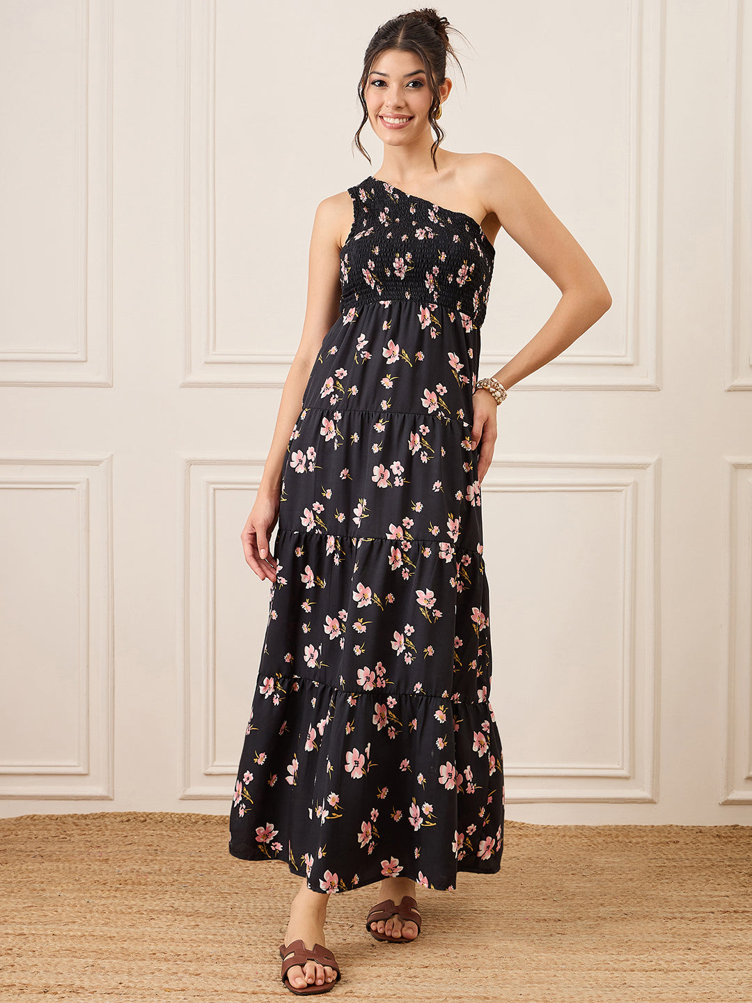 One Shoulder Smocked Maxi Dress
