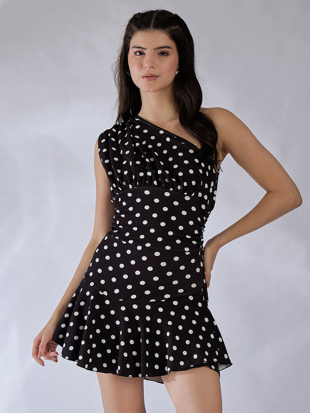 Stretchable One Shoulder Ruffle Trim Mini Dress - Uptownie