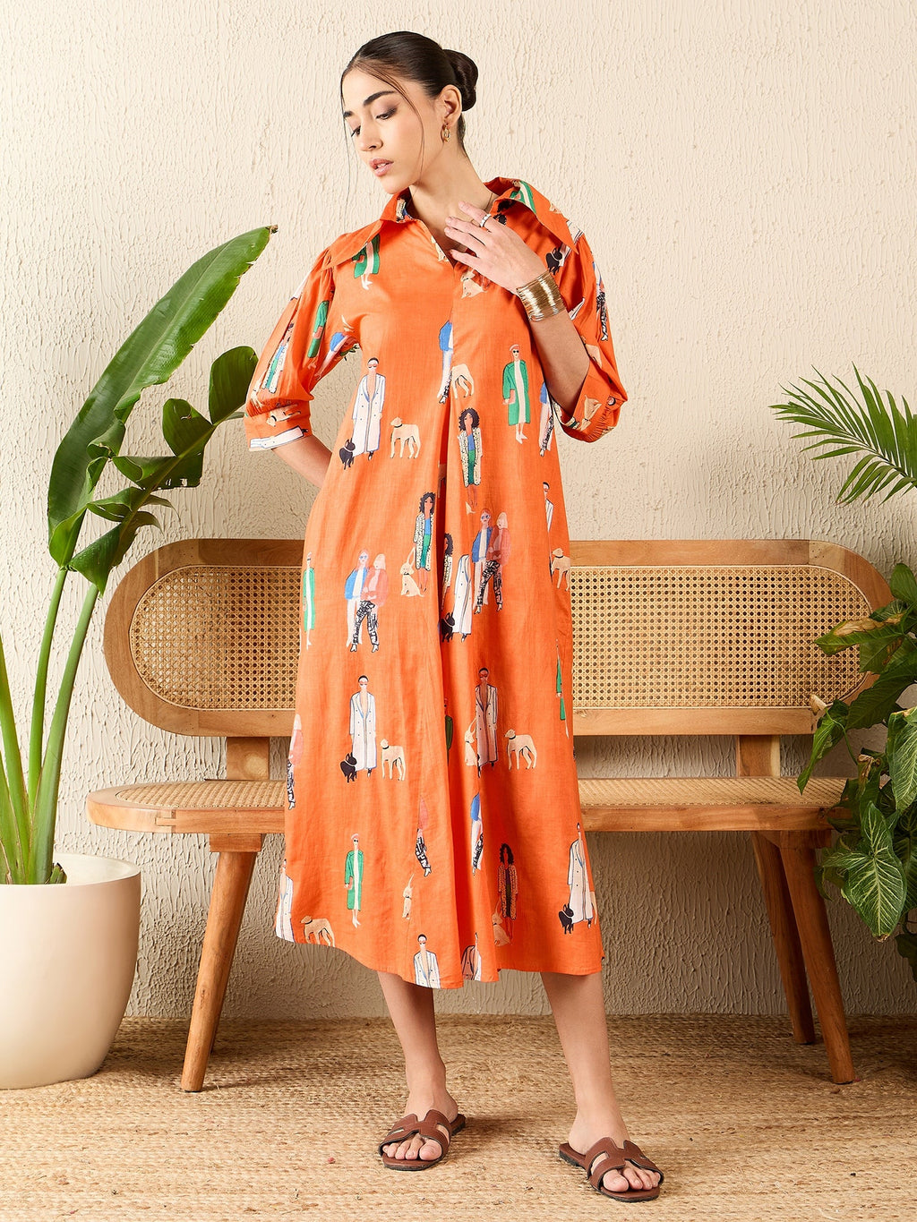 Front Pleated Cotton Midi Dress