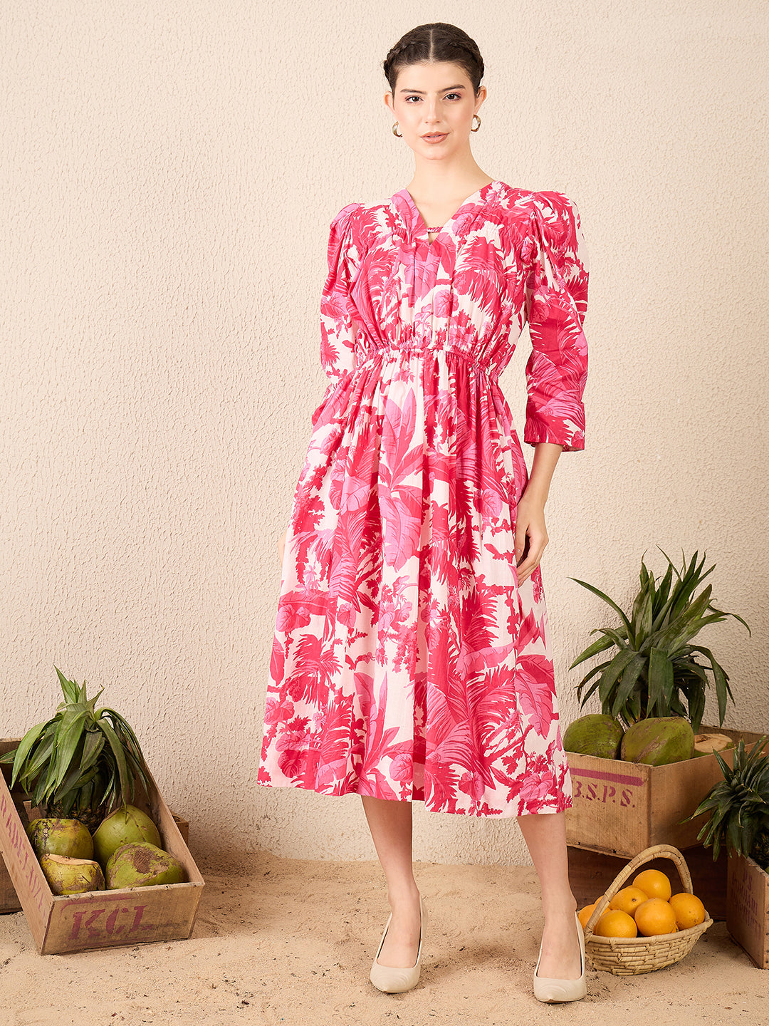 Puffed Sleeve Cotton Midi Dress