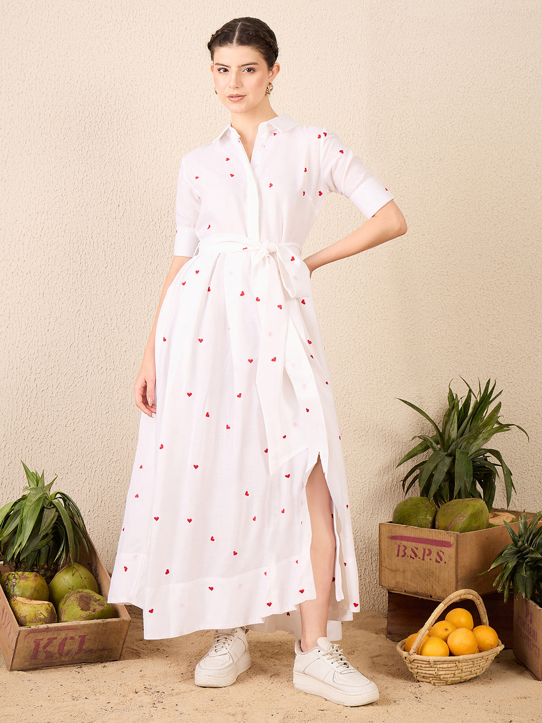 Cotton Buttoned Down Shirt Dress With Belt