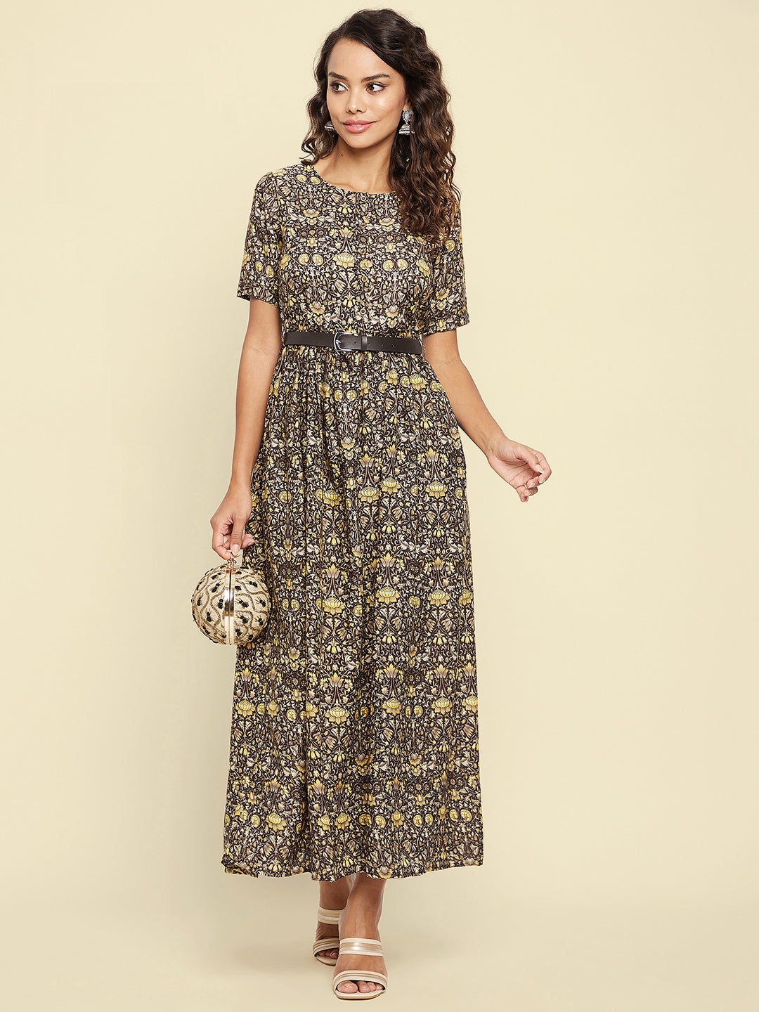 Printed Maxi Dress with Belt