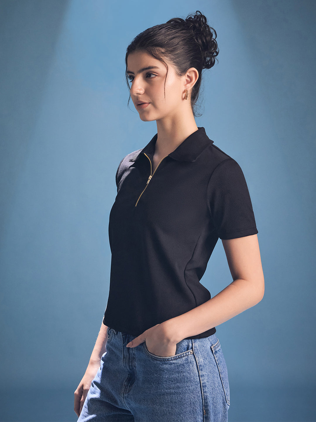 Stretchable Front Zip Up Ribbed Top