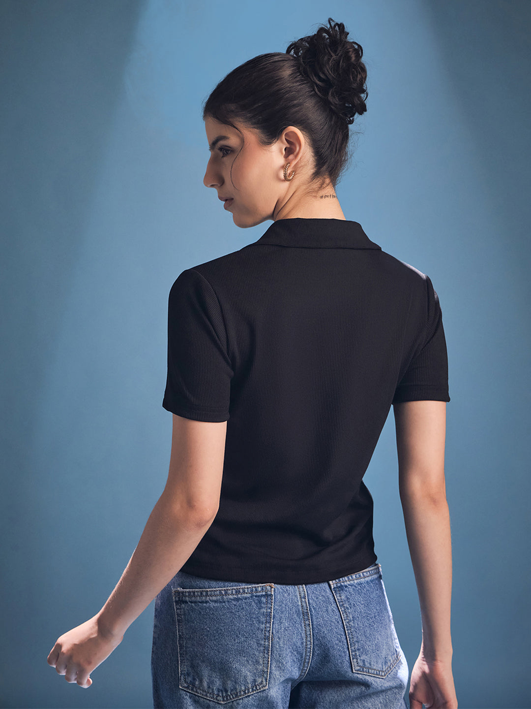 Stretchable Front Zip Up Ribbed Top
