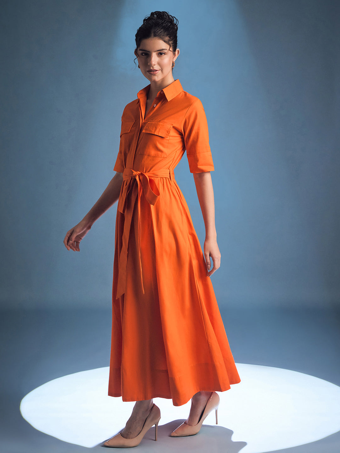 Cotton Flared Shirt Dress With Belt