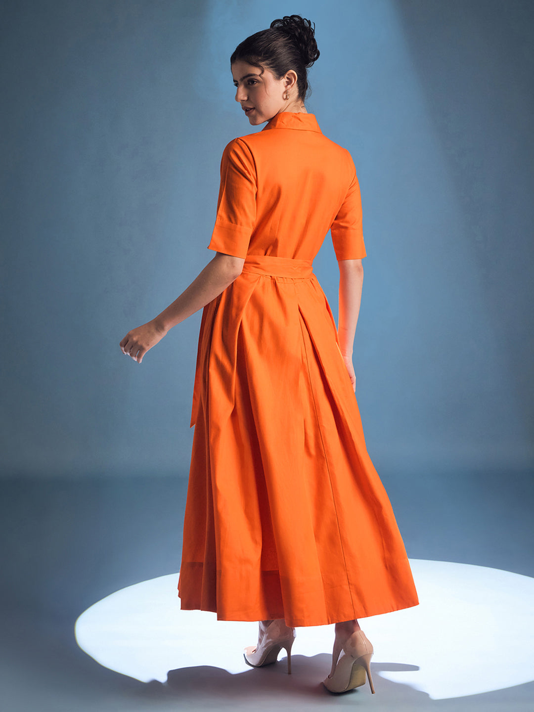 Cotton Flared Shirt Dress With Belt