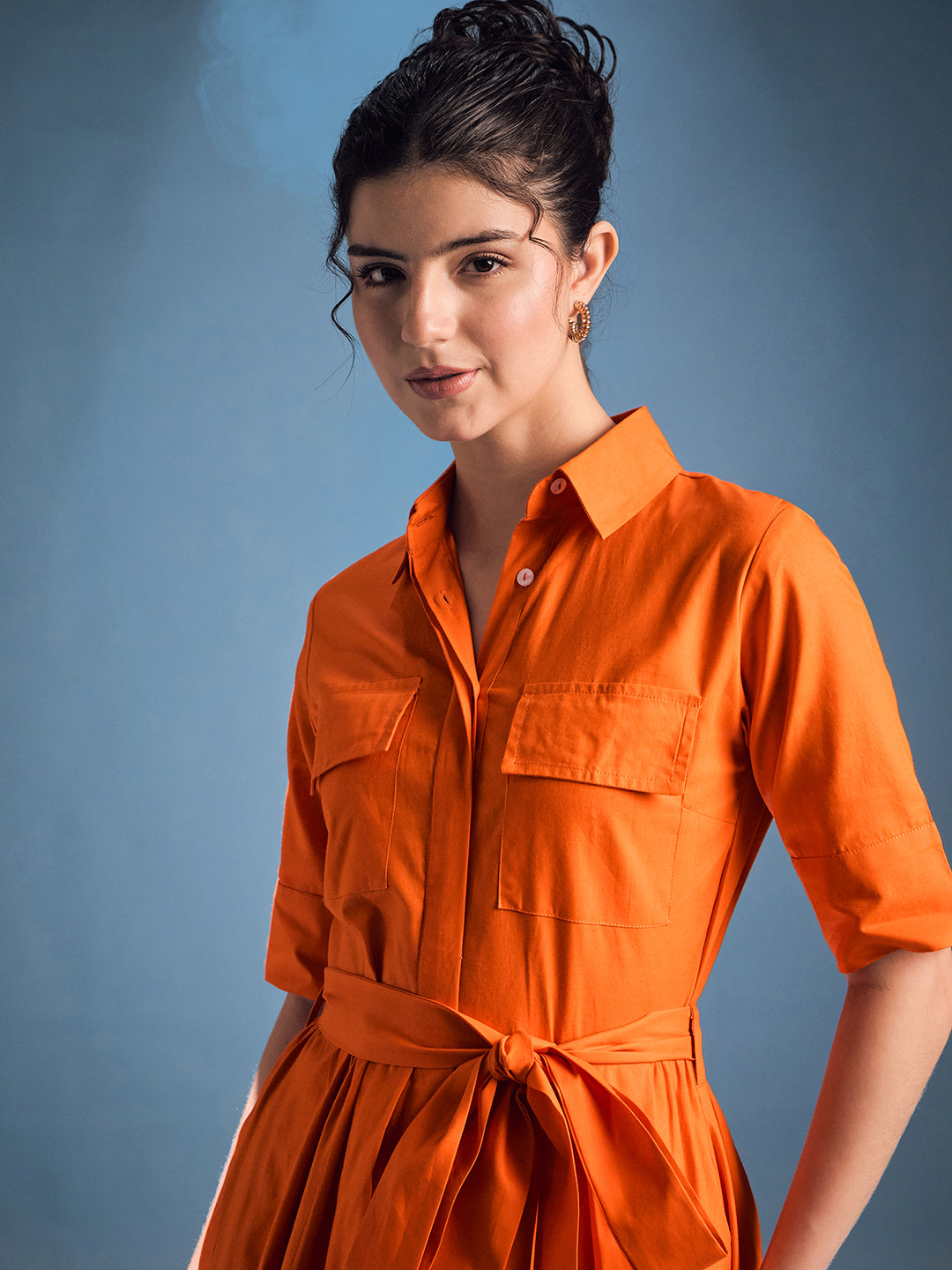 Cotton Flared Shirt Dress With Belt