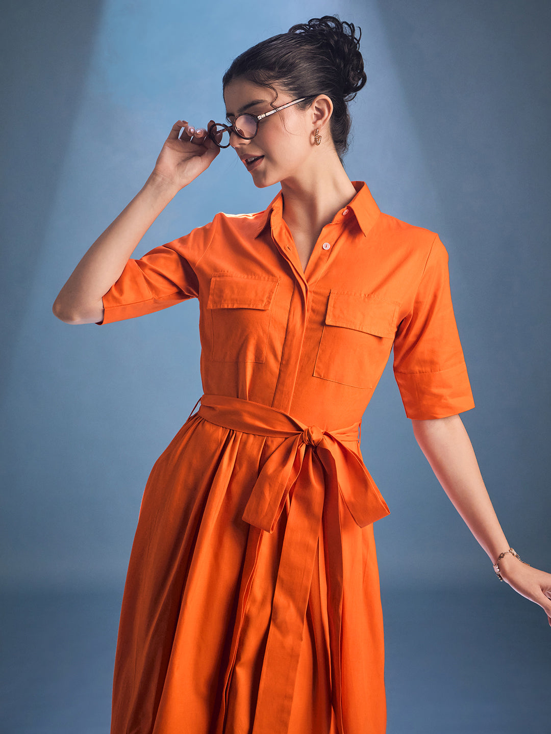 Cotton Flared Shirt Dress With Belt