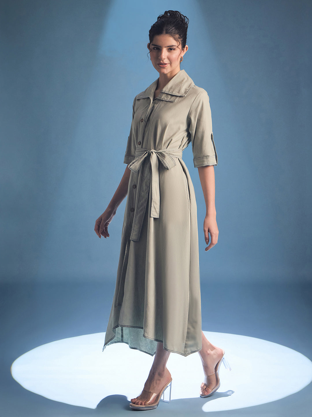 Cotton Asymmetrical Contrast Stitch Shirt Dress