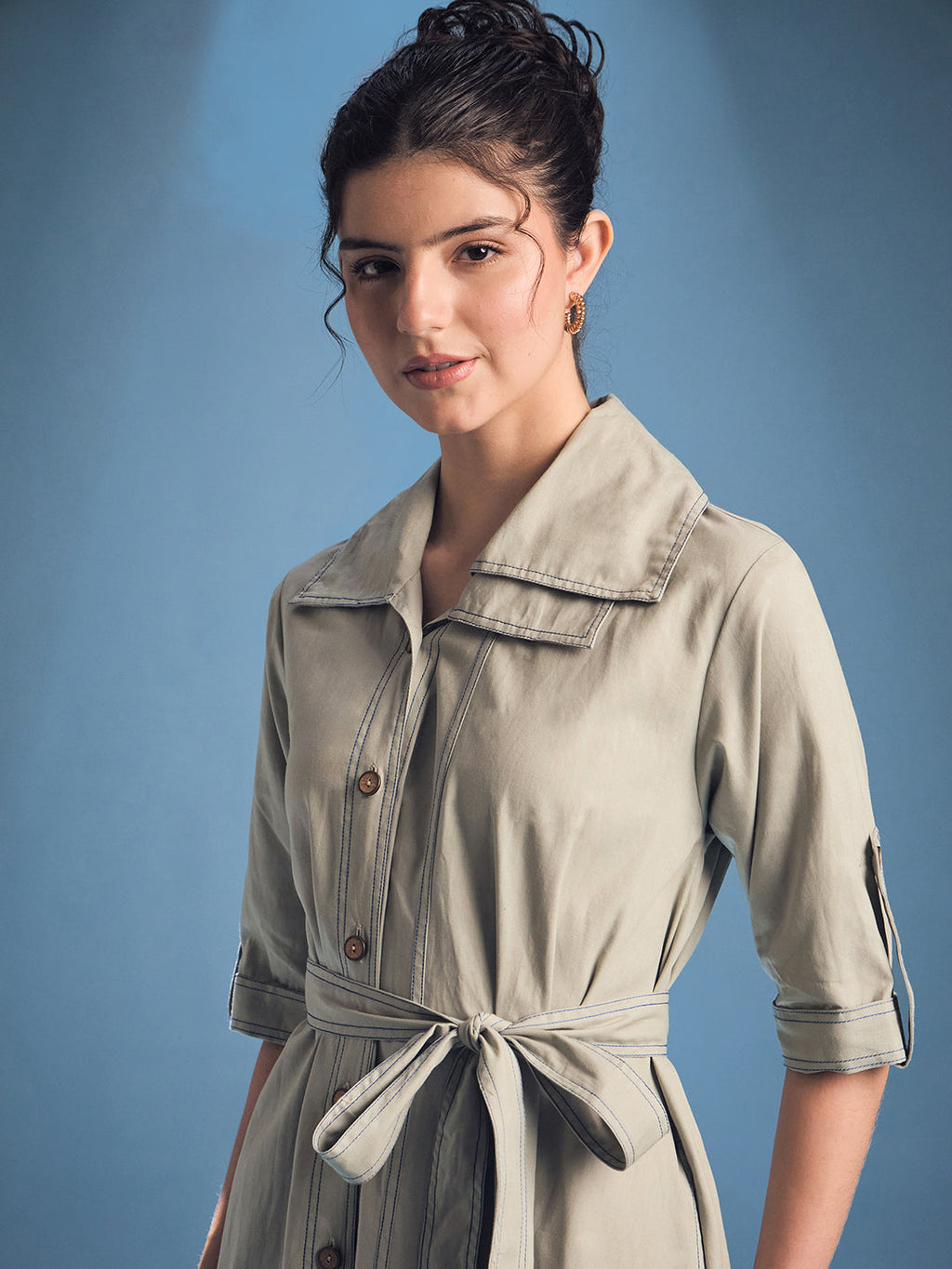 Cotton Asymmetrical Contrast Stitch Shirt Dress
