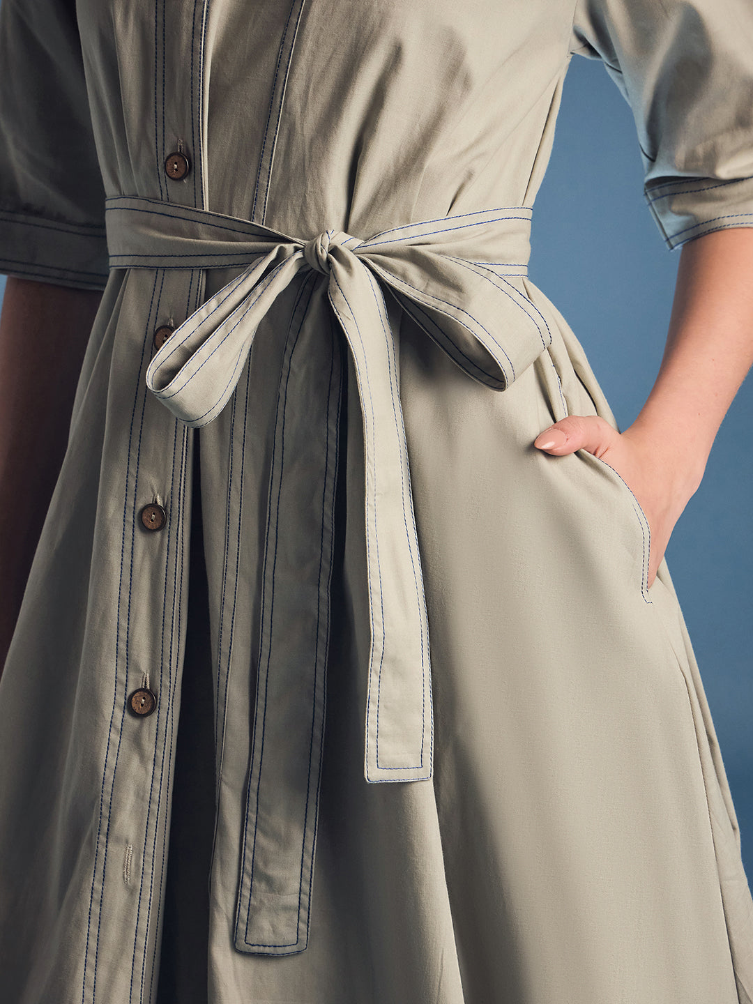 Cotton Asymmetrical Contrast Stitch Shirt Dress