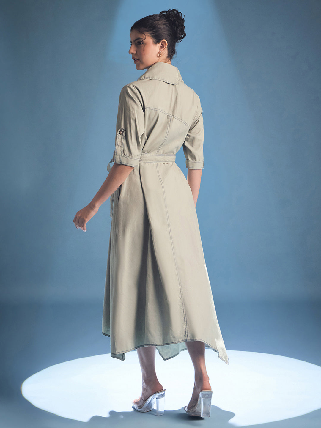 Cotton Asymmetrical Contrast Stitch Shirt Dress