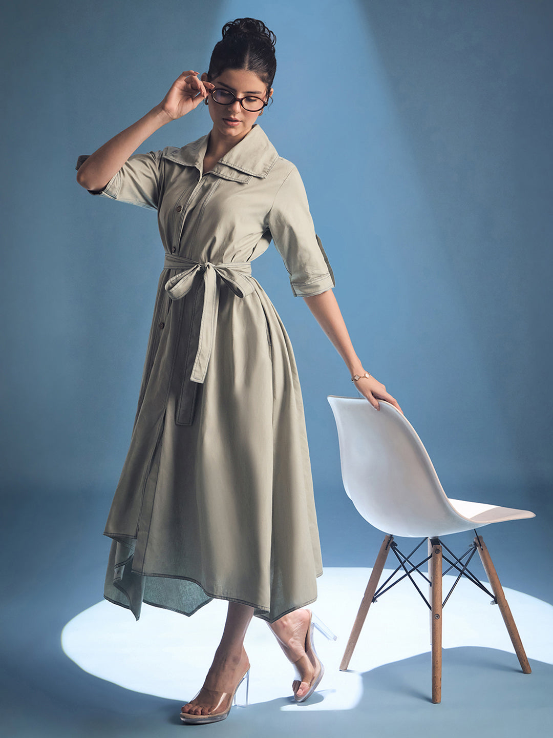 Cotton Asymmetrical Contrast Stitch Shirt Dress