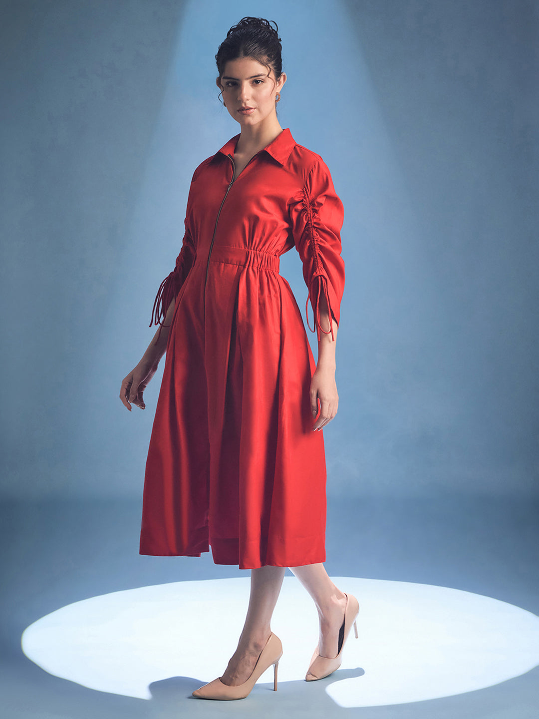 Cotton Zip Dress With Gathered Tie-Up Sleeves