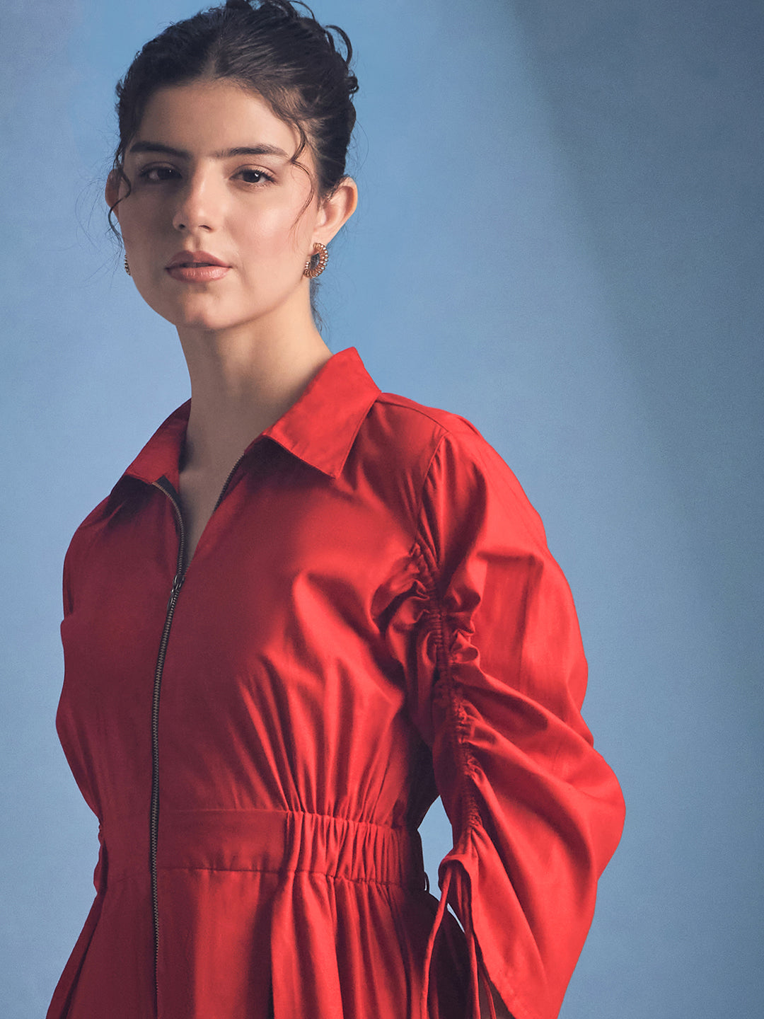 Cotton Zip Dress With Gathered Tie-Up Sleeves