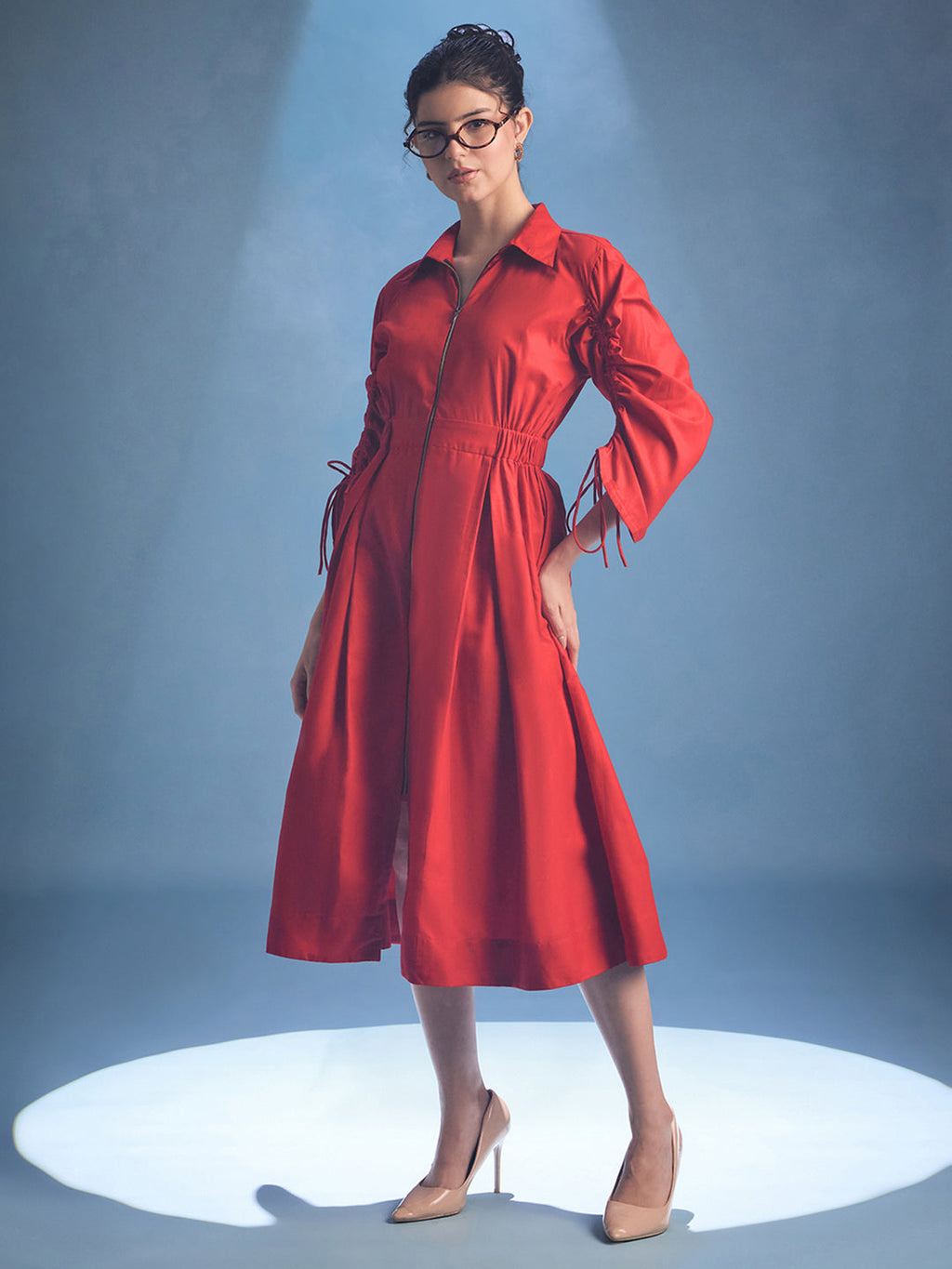 Cotton Zip Dress With Gathered Tie-Up Sleeves