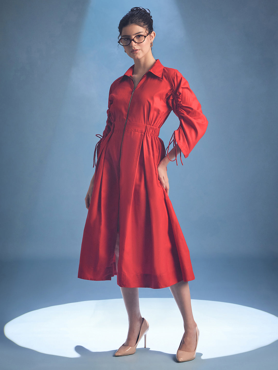 Cotton Zip Dress With Gathered Tie-Up Sleeves