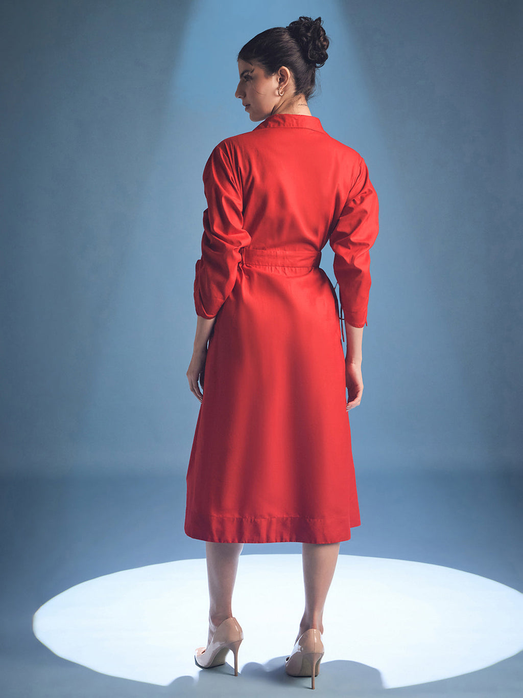 Cotton Zip Dress With Gathered Tie-Up Sleeves