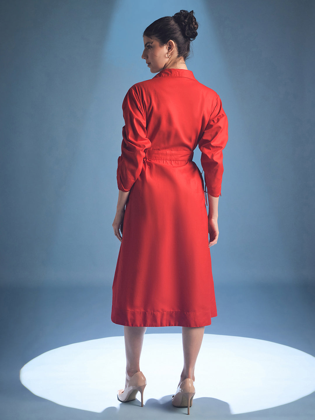 Cotton Zip Dress With Gathered Tie-Up Sleeves