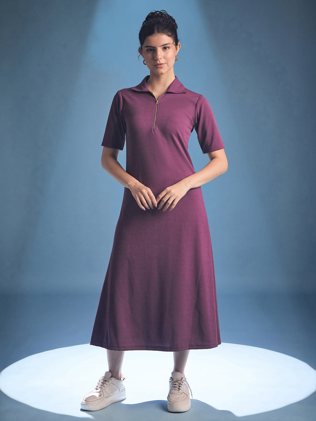 Stretchable Front Zip-up Midi Dress