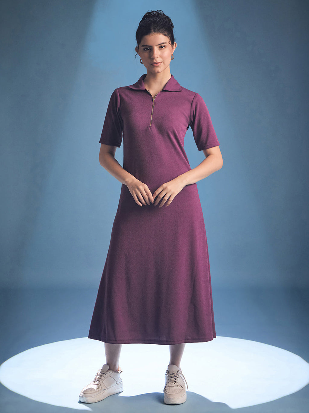 Stretchable Front Zip-up Midi Dress