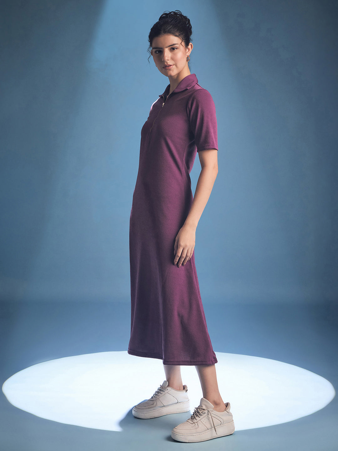Stretchable Front Zip-up Midi Dress