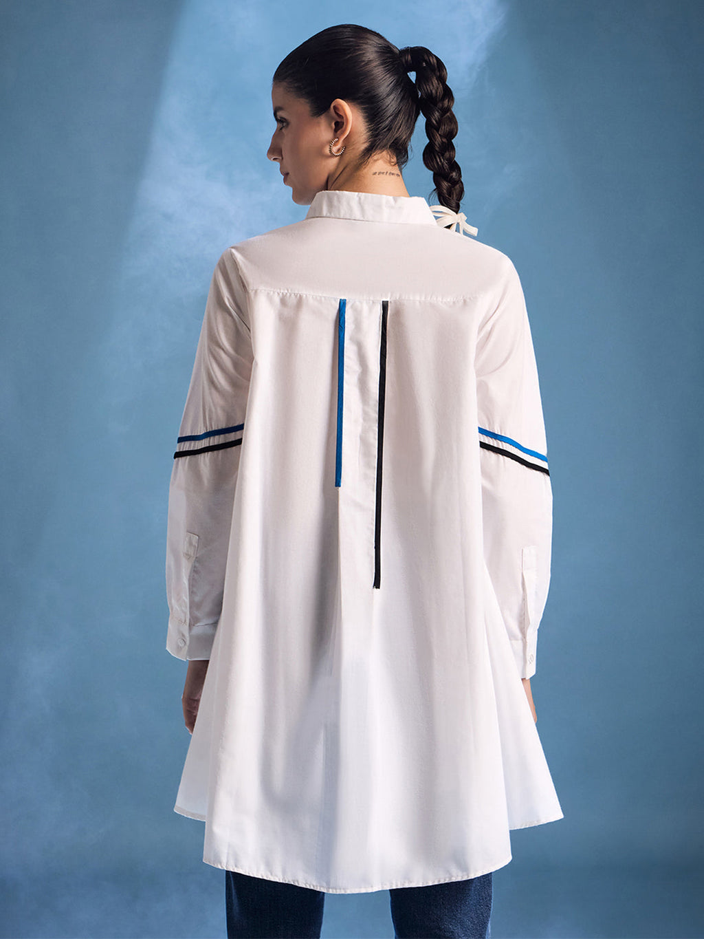 Cotton Asymmetric Shirt with Contrast Color Stripes
